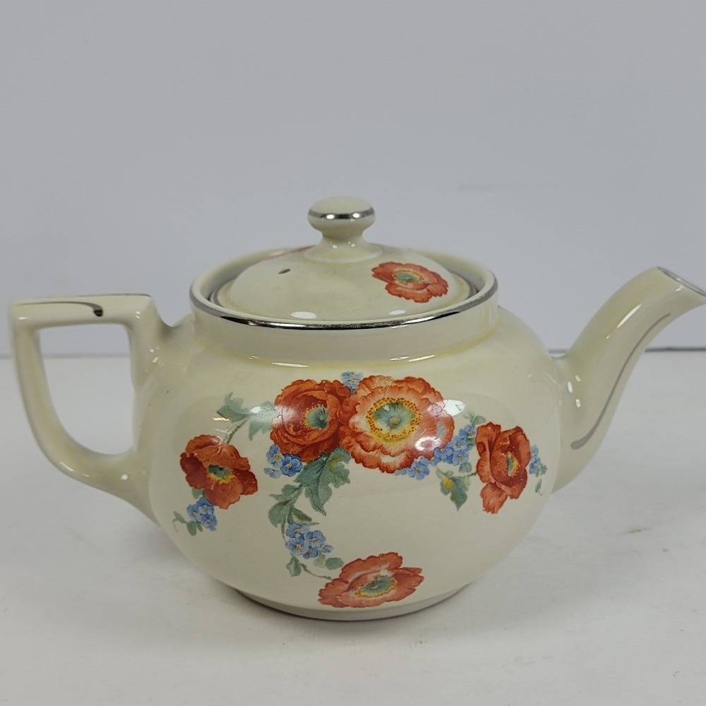 Vintage 1930s Hall China Poppy Teapot Cream Orange Flowers Platinum Trim USA